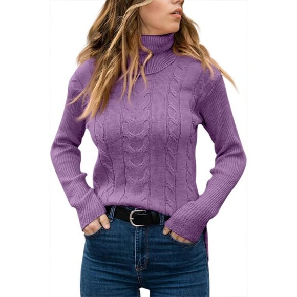 Women Light Purple Pull On Cable Knit Turtleneck Long Sleeve Casual Warm Sweater - Picture 2 of 3
